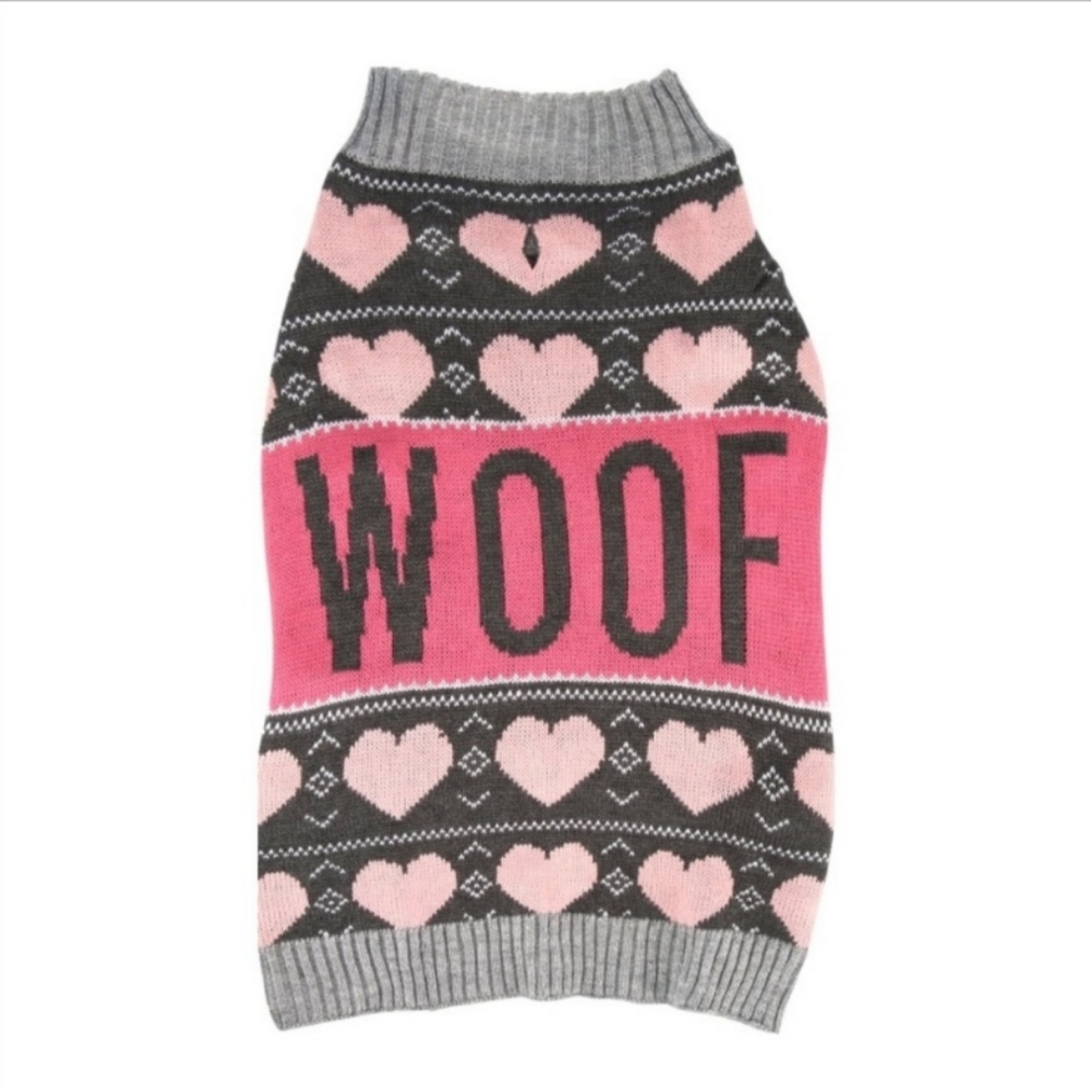 Woof Pink Hearts Dog Sweater Large